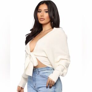 Fashion Nova Women’s Love Craze Cropped Wrap Sweater Cream Cropped Tie Front 3X